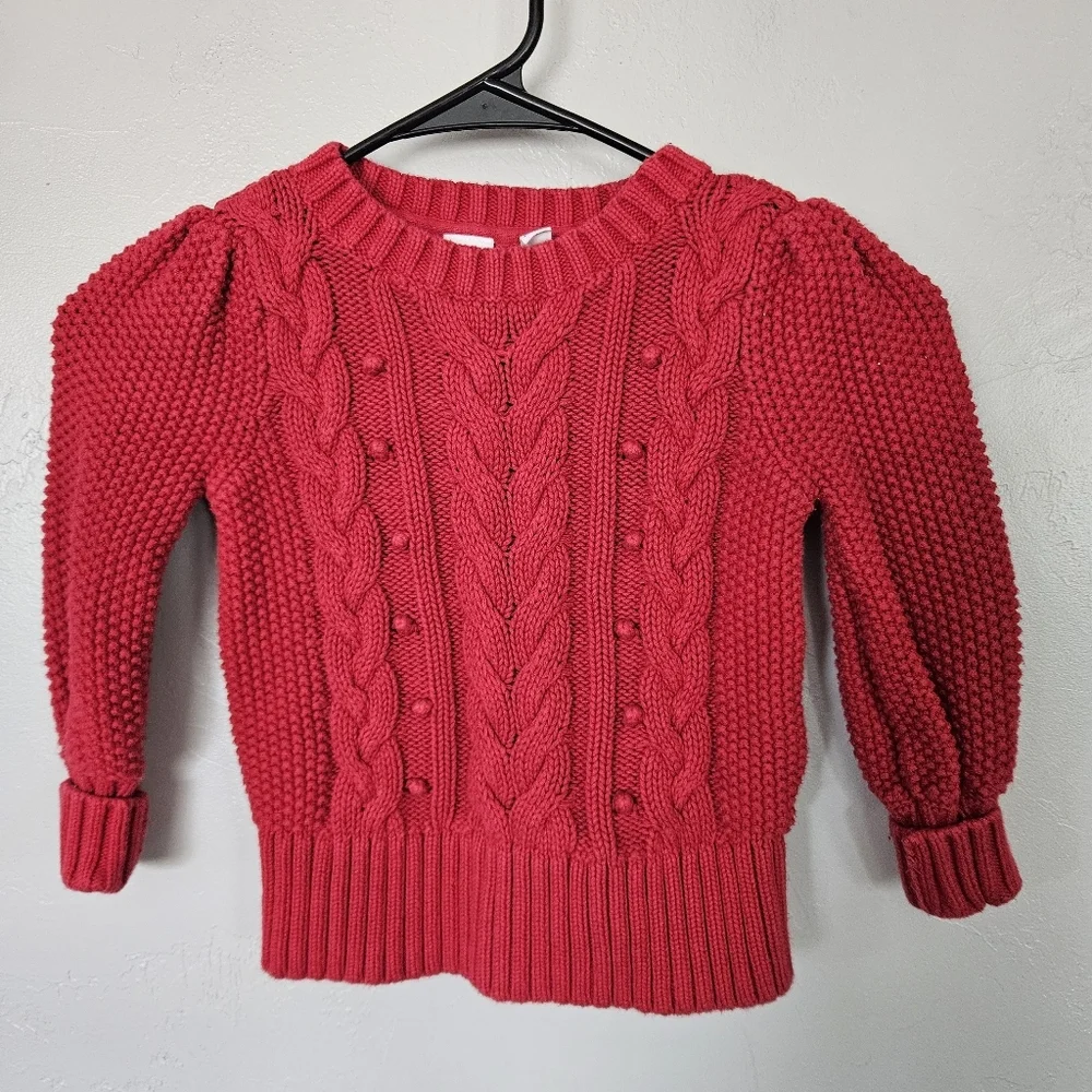 GAP Kids Girls XS Red Cable Knit Sweater Thick Chunky Knit Pom Holiday Winter